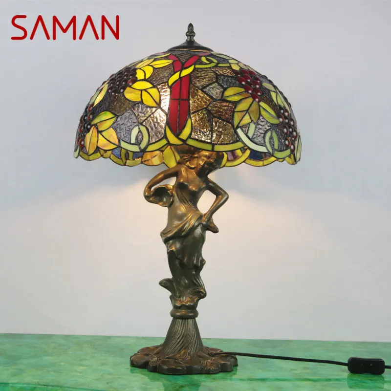 Настольная лампа SAMAN European Tiffany Glass LED Creative Retro Fine Desk Light Декор для дома, гостиной, Прикроватной тумбочки в спальне