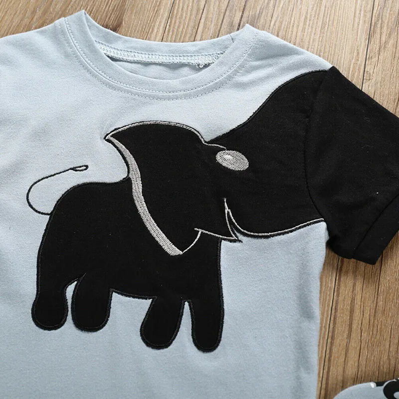 Повседневная одежда для маленьких мальчиков и девочек с коротким рукавом + Удобный комплект короткой одежды в виде слона