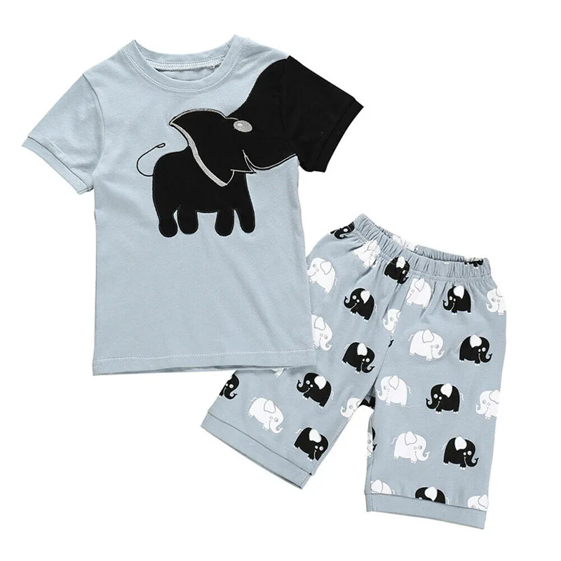 Повседневная одежда для маленьких мальчиков и девочек с коротким рукавом + Удобный комплект короткой одежды в виде слона
