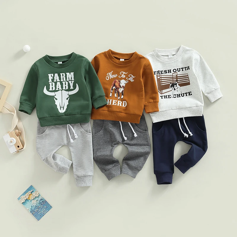 FOCUSNORM, 3 цвета, Осенние повседневные комплекты одежды для маленьких мальчиков от 0 до 3 лет, толстовка с длинными рукавами с рисунком коровы и буквенным принтом + однотонные брюки