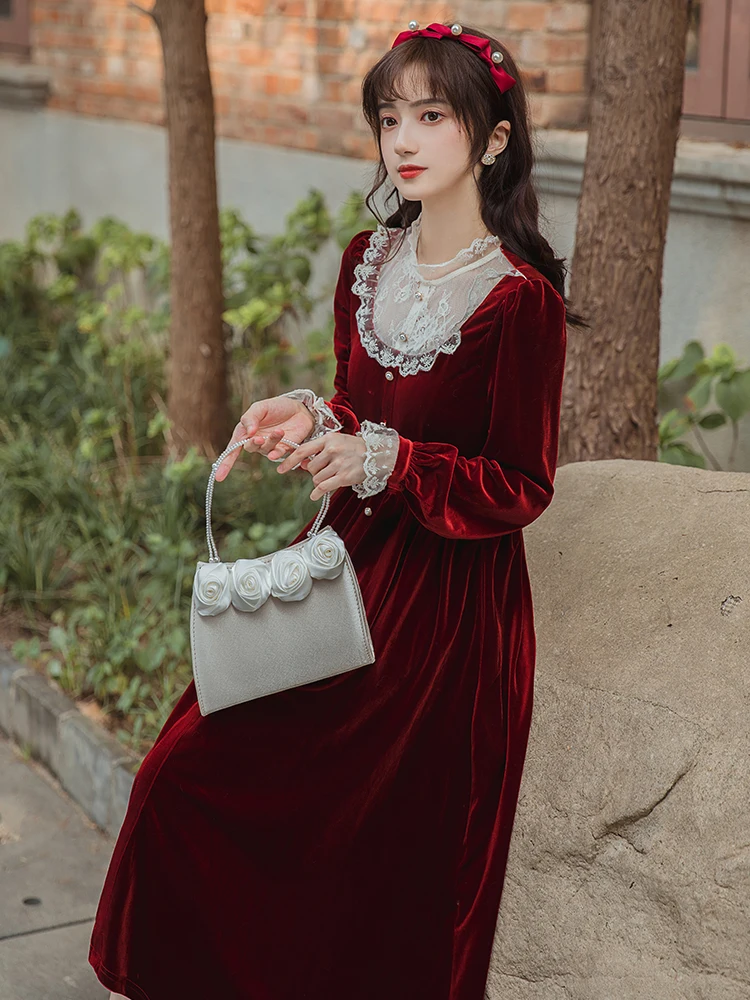 Винтажное красное бархатное платье во французском стиле для стройной леди с рукавом-лепестком в стиле ретро, романтические женские платья Миди Vestido Robe Rouge Femme