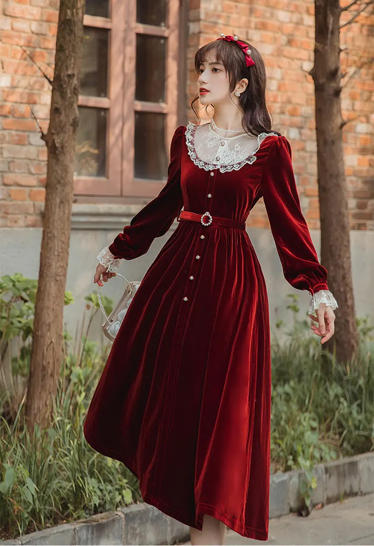 Винтажное красное бархатное платье во французском стиле для стройной леди с рукавом-лепестком в стиле ретро, романтические женские платья Миди Vestido Robe Rouge Femme