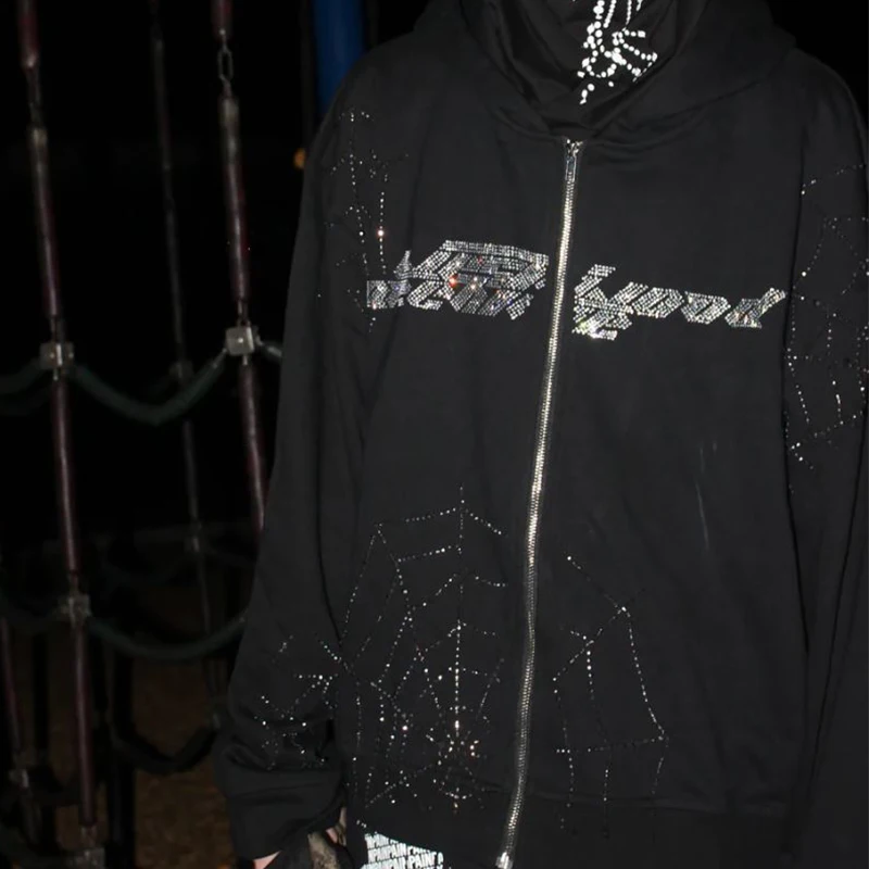 Женская толстовка со стразами в виде паука, свитер на молнии оверсайз Y2K, женская свободная повседневная куртка в уличном стиле, одежда в стиле панк