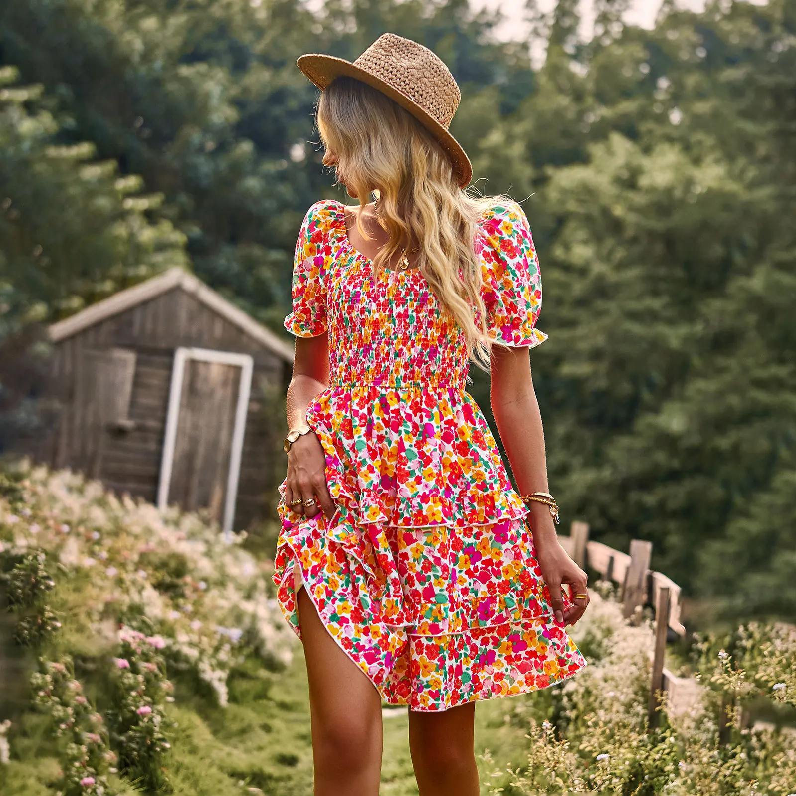 Европейское и Американское Французское романтическое весенне-летнее платье с короткими рукавами в цветочек