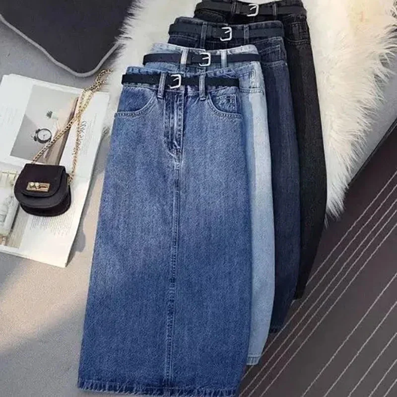 Классическая джинсовая юбка с высокой талией, женская Корейская мода, Тонкие джинсовые юбки трапециевидной формы средней длины, Уличная прямая юбка длиной 4 цвета