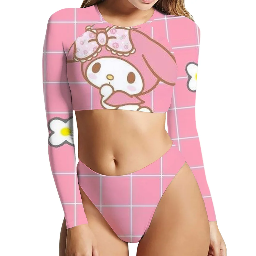 Купальник с цифровой печатью Hello Kitty 2023, женское летнее бикини с разрезом, купальник из двух частей, комплект бикини для молодых девушек