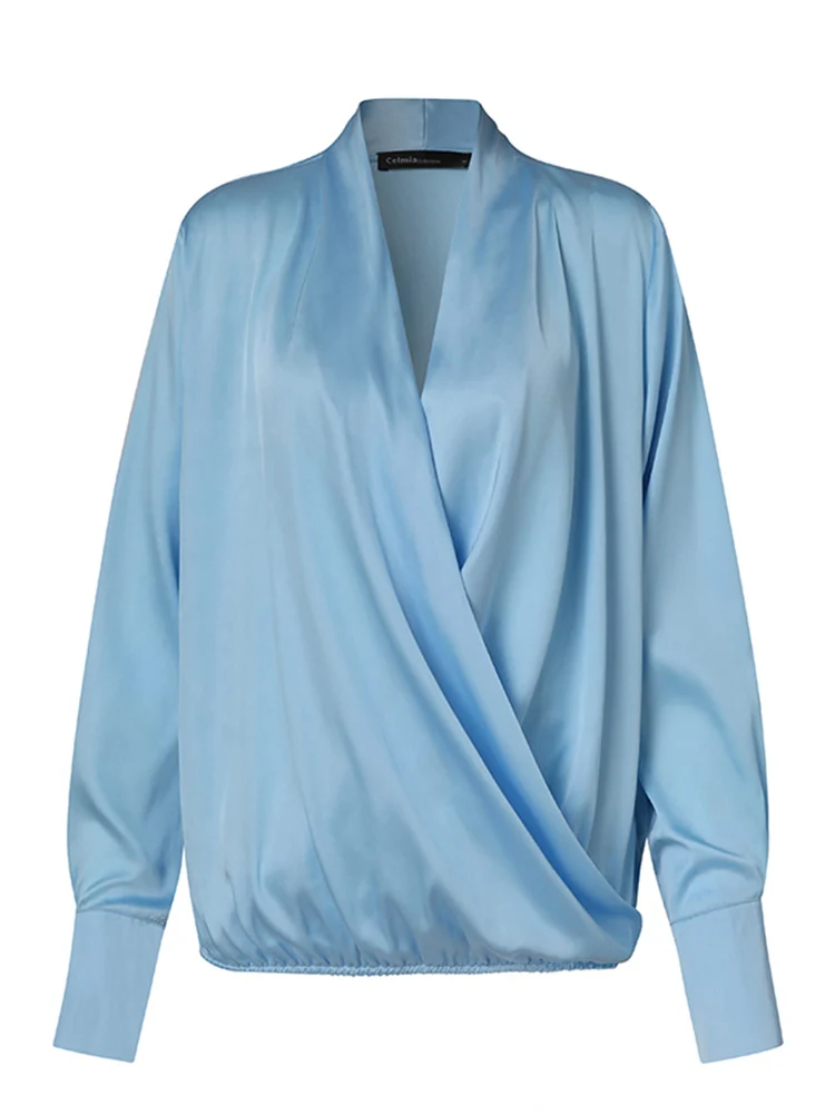 Celmia Сексуальные атласные шелковые блузы с глубоким V-образным вырезом, повседневные женские рубашки с запахом, элегантные вечерние блузки с длинным рукавом, осенние топы-туники 2023 года