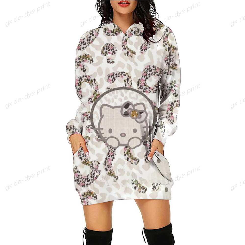 Осеннее женское платье с капюшоном HELLO KITTY, модные облегающие платья-толстовки для женщин, повседневное платье с карманом и капюшоном, мини-платье