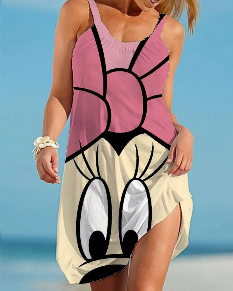 Сексуальное платье с мультяшным принтом Disney Minnie, женские мини-платья без рукавов на бретелях, элегантное платье в стиле бохо, женское пляжное праздничное платье Vestidos