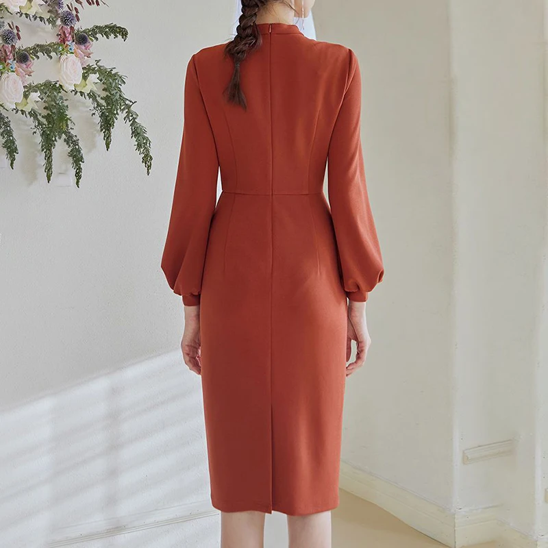 2023 Французское платье для женщин со средним и длинным стоячим воротником, рукавом-фонариком и ягодицами, облегающее платье-футляр до середины икры