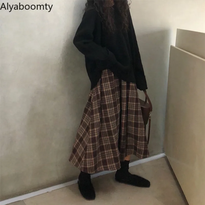 Новая японская Осенне-зимняя женская юбка Миди Harajuku в клетку с высокой талией, корейская уличная одежда Ulzzang, Элегантные Длинные юбки