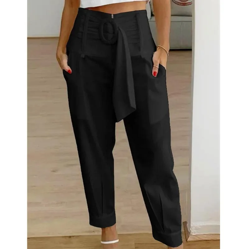 Летние повседневные укороченные брюки с высокой талией, женские модные прямые женские брюки с карманом, однотонные панталоны в корейском стиле 26796