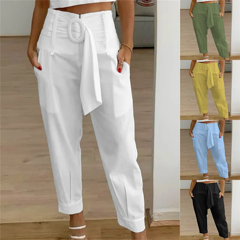 Летние повседневные укороченные брюки с высокой талией, женские модные прямые женские брюки с карманом, однотонные панталоны в корейском стиле 26796