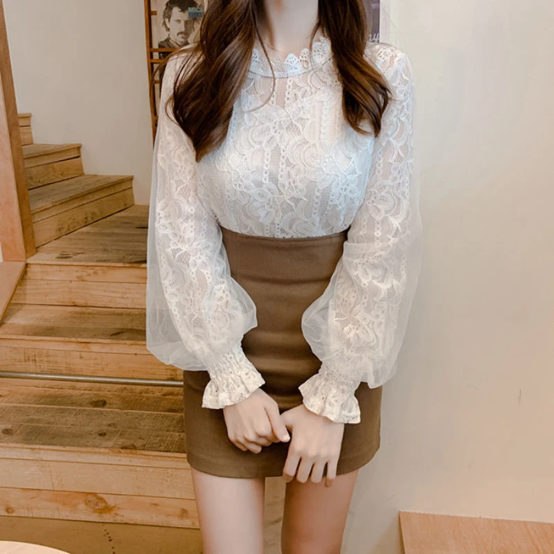 Корейская версия Женской шифоновой рубашки с длинными рукавами, воротник-стойка, рукав-пузырек, кружевная сетка, милая и свежая девушка для поездок на работу