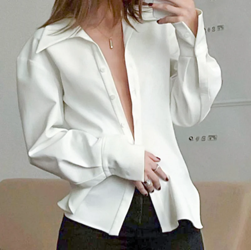 Новая Высококачественная Рубашка С Длинным Рукавом Женская 2023 Офисная Женская Одежда Весенние Белые Топы Модная Блузка С Отложным воротником Blusas 24317
