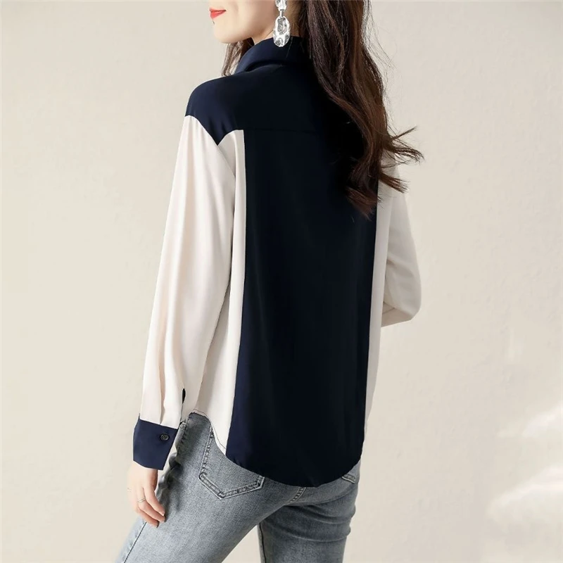 Элегантная простая офисная рубашка в стиле пэчворк контрастного цвета, деловая повседневная рубашка в корейском стиле с длинным рукавом, шикарная верхняя блузка, женские блузы