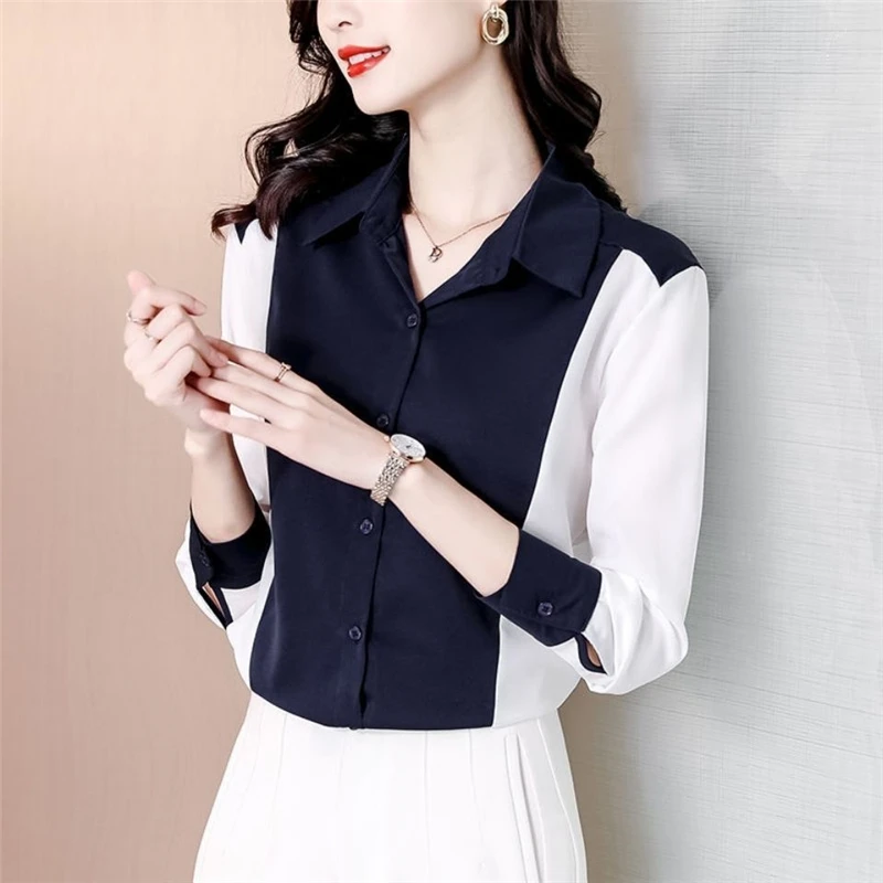 Элегантная простая офисная рубашка в стиле пэчворк контрастного цвета, деловая повседневная рубашка в корейском стиле с длинным рукавом, шикарная верхняя блузка, женские блузы