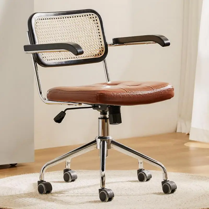 Компьютерное кресло со спинкой из ротанга для дома, офисное кресло в стиле ретро, Эргономичный рабочий стул, кресло для учебы, кресло для отдыха, подъемное вращающееся кресло