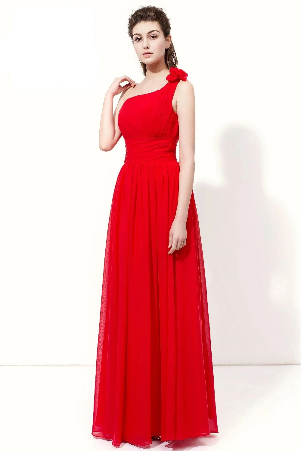ANGELSBRIDEP Красные платья подружек невесты, Длинное вечернее платье Madrinha, Шифоновое Платье ручной работы с цветком на одно плечо, свадебные платья для гостей, вечерние платья