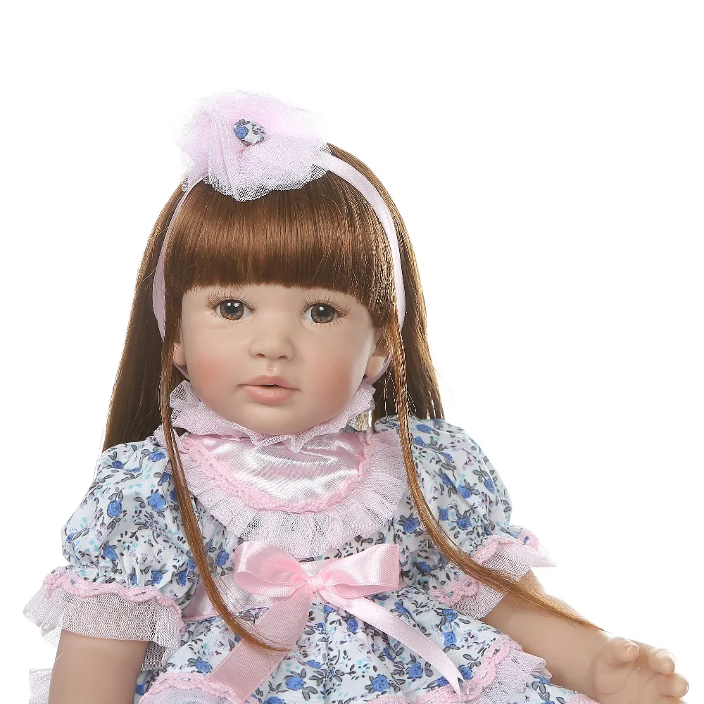 Возрожденная девочка-малыш большого размера 60 см, реалистичная мягкая силиконовая виниловая кукла bebe, возрожденная, длинные прямые волосы, синяя юбка summe