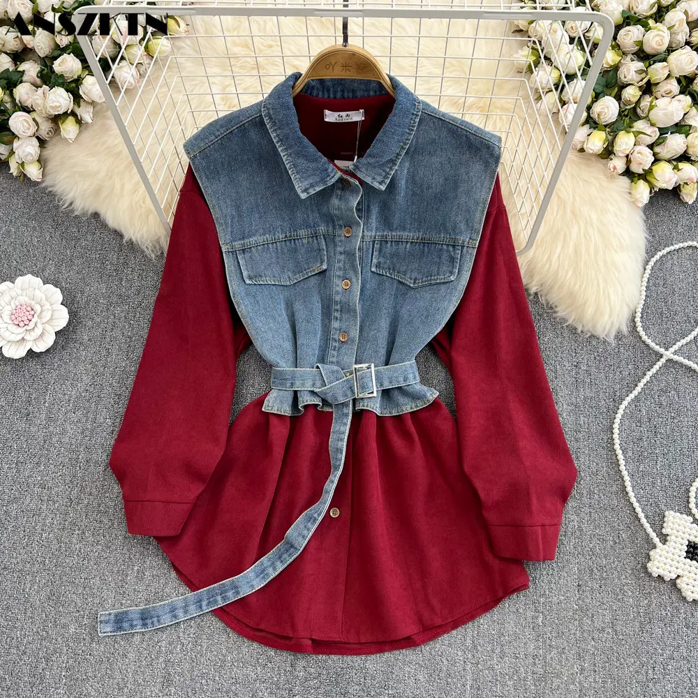 ANSZKTN Осенне-зимняя винтажная рубашка, однобортное джинсовое платье