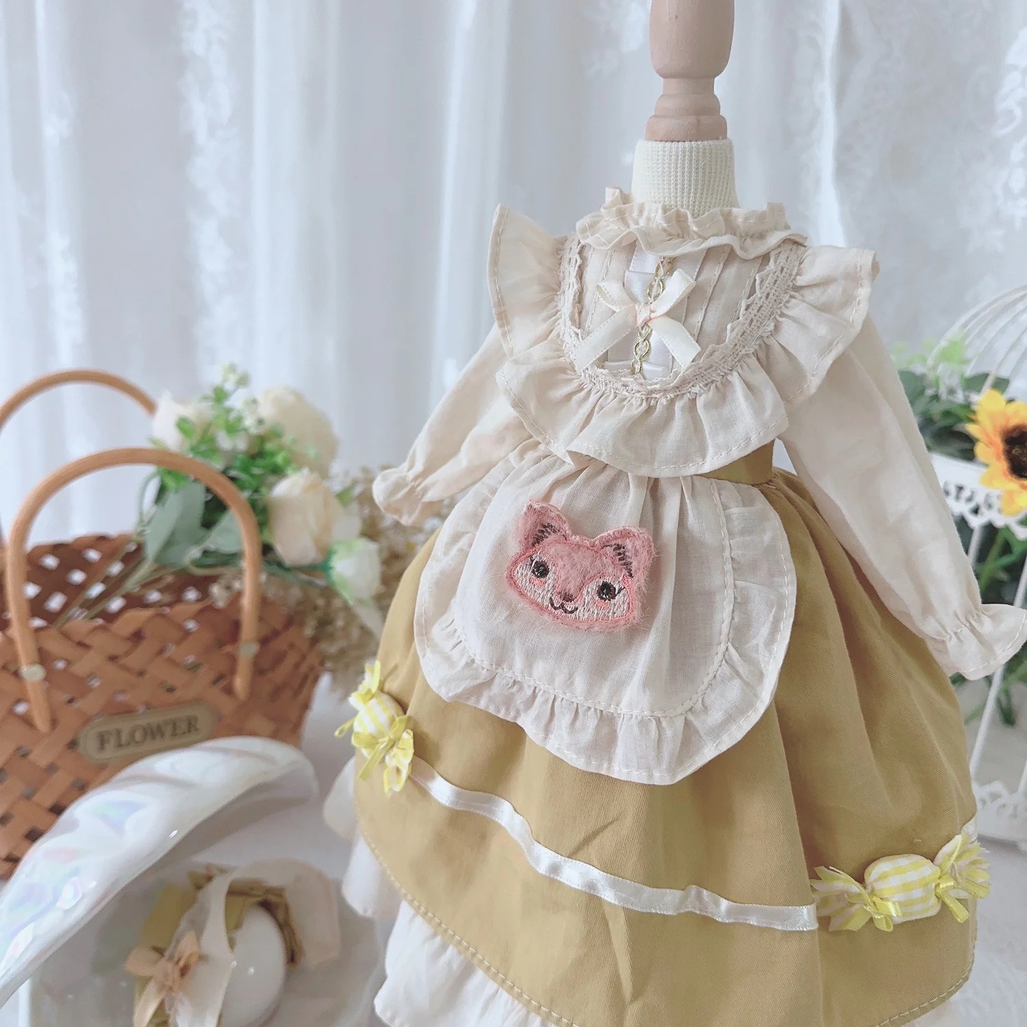 Одежда для куклы BJD, подходящая для размера 1/3 1/4, кофейного цвета, платье с длинными рукавами, аксессуары для куклы (юбка + головной убор)