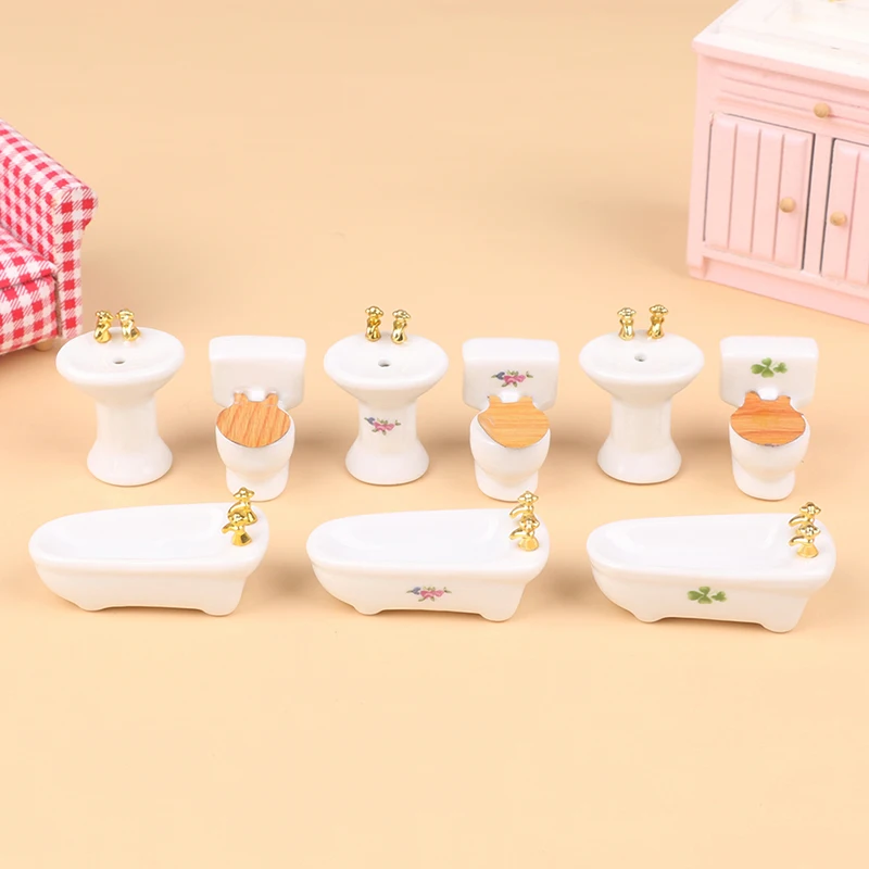 1 комплект 1: 12 Миниатюрный кукольный домик, Ванна, Туалет, Умывальный столик, Табурет, Подходящая керамическая модель, Кукольный домик, Декорация для ванной комнаты, Игрушка