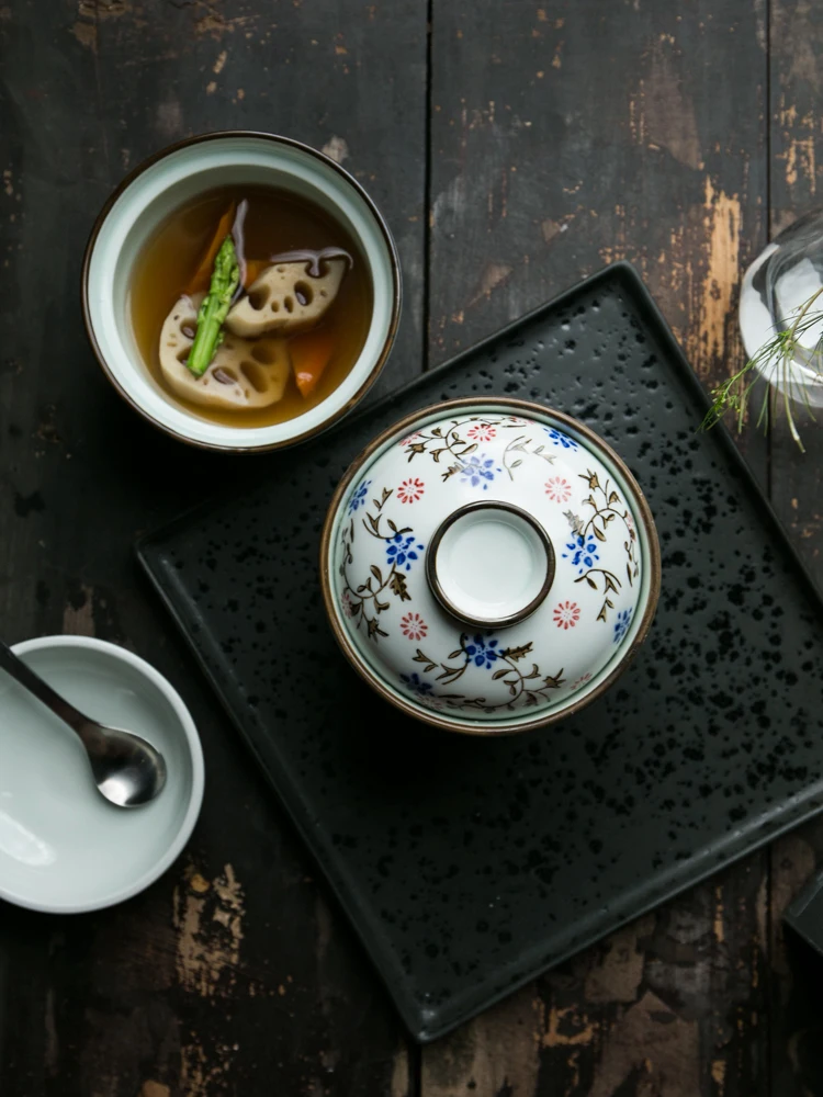 Керамический горшочек для тушения в японском стиле, маленькая супница, Маленькая бытовая чашка для тушения, Маленькая миска для тушения в виде птичьего гнезда с крышкой