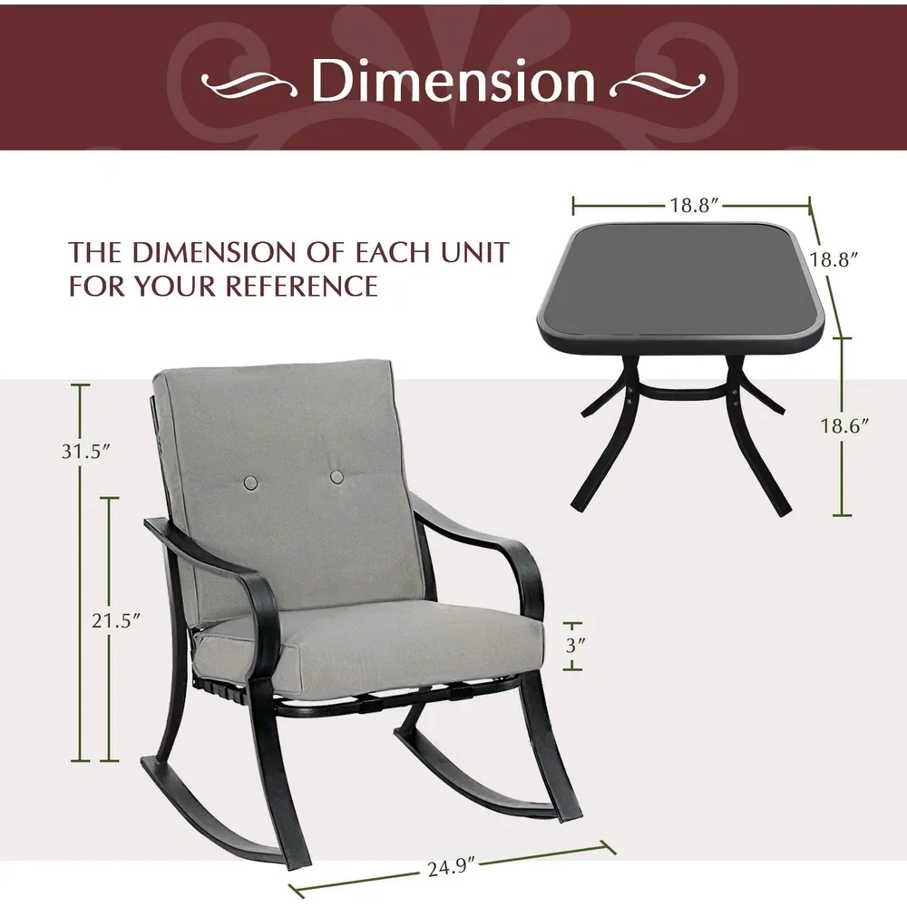 Металлический уличный набор для бистро-качалки из 3 предметов - коричневый, серый, два стула и один стол