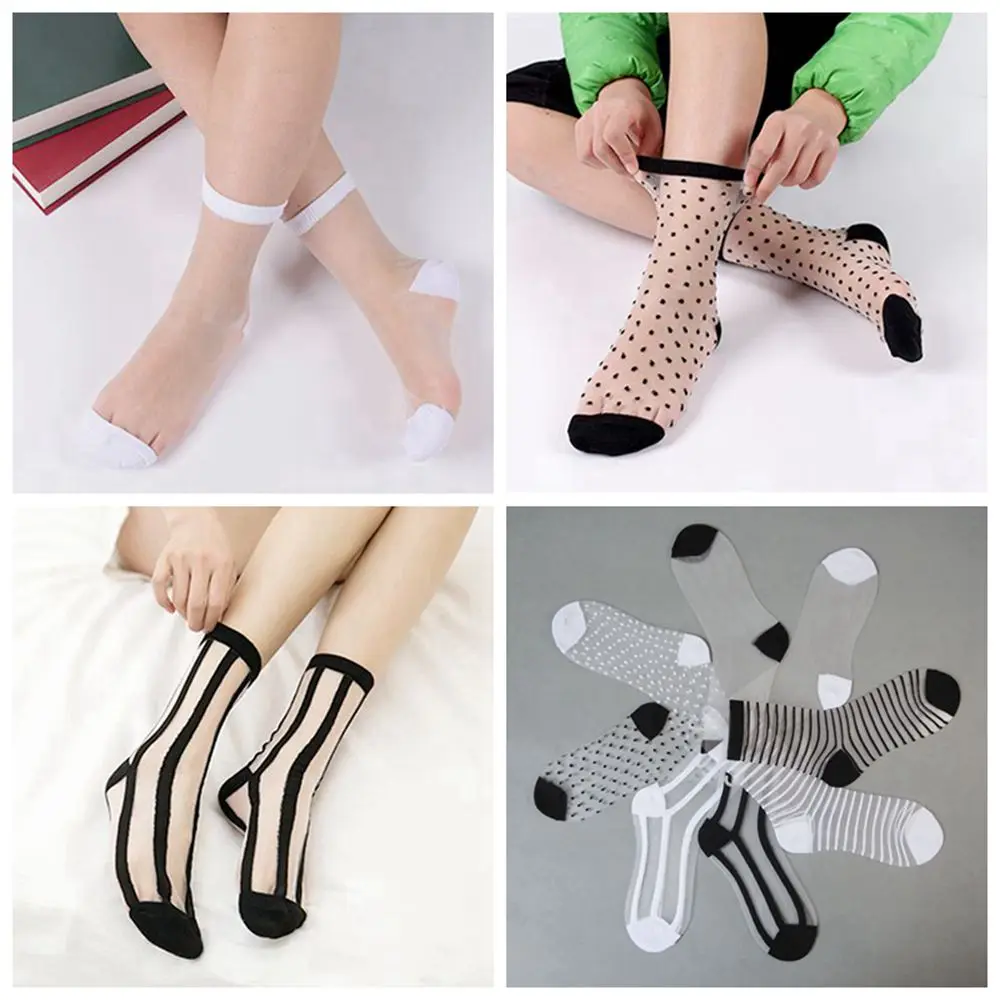 5 Пар женских коротких носков из прозрачной сетки, Стеклянные шелковые носки, Женские ультратонкие прозрачные хрустальные кружевные эластичные черные носки на щиколотке