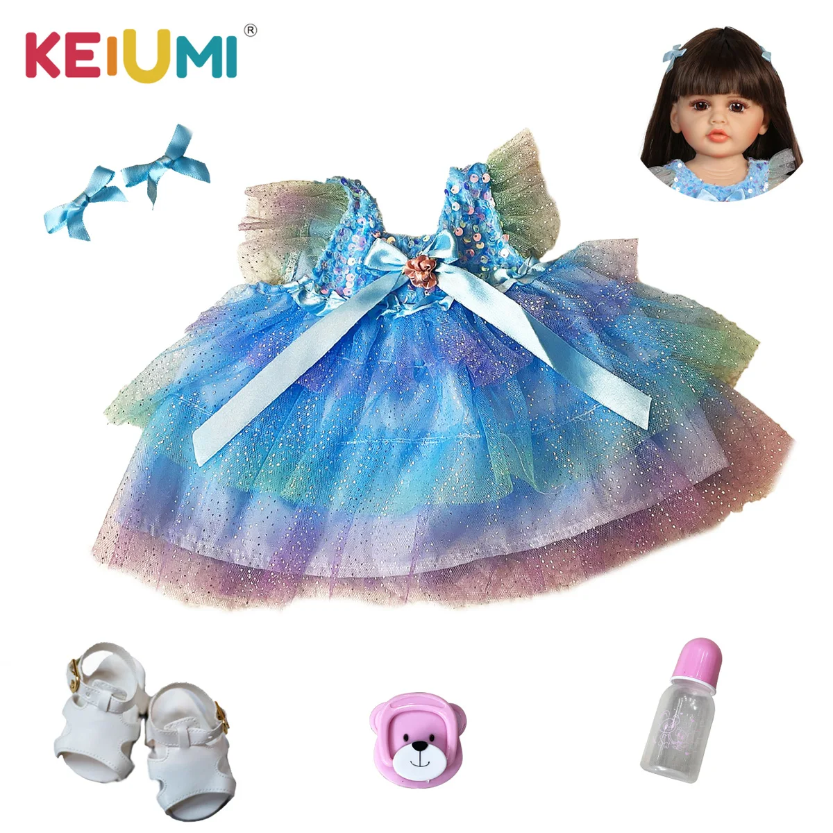 KEIUMI 55 см Полностью силиконовая кукла в голубой марлевой юбке Reborn Baby Doll Bebe Reborn Toys Подарки на день рождения для ребенка