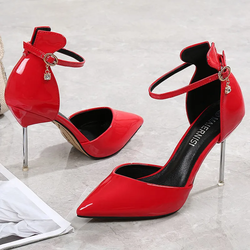 Модные женские туфли Mclubgirl из лакированной кожи с острым носком на высоком каблуке, красные, с тонкими ремешками на каблуке, профессиональная женская обувь с открытым носком WZ