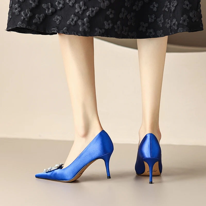 2023 г. новые весенние женские туфли-лодочки из натуральной кожи 22-24,5 см, атлас + воловья кожа + свиная кожа, модные туфли на высоком каблуке с острым носком и кристаллами
