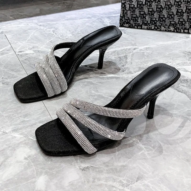 Модные элегантные женские тапочки-слайдеры на высоком каблуке, роскошные туфли с квадратным носком, прозрачные босоножки на каблуке, женские стразы 43 г.