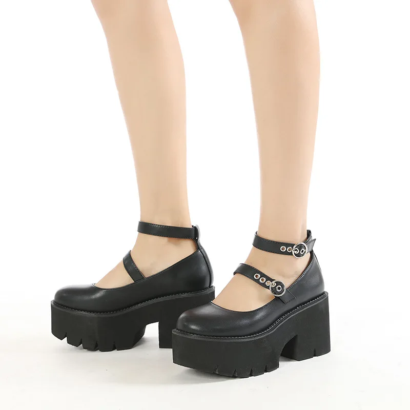 Женские туфли-лодочки в готическом стиле с ремешком на щиколотке, на высоком массивном каблуке, на платформе, обувь в стиле панк-криперс, женская модная удобная пряжка
