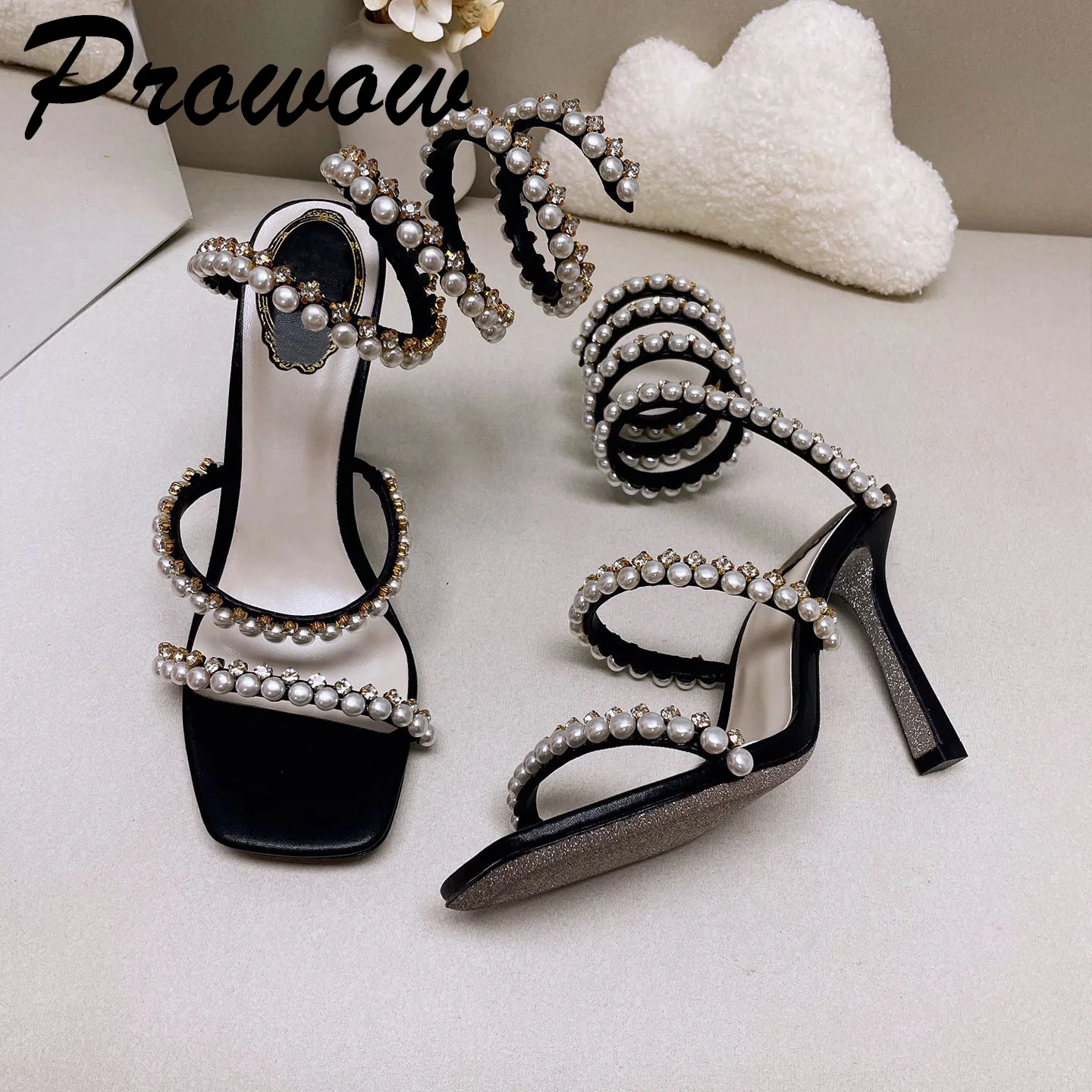 Prowow, натуральная кожа, змеиная обертка на лодыжке, Украшенные бриллиантами, кожаные сандалии на высоком каблуке с открытым носком, дизайнерские