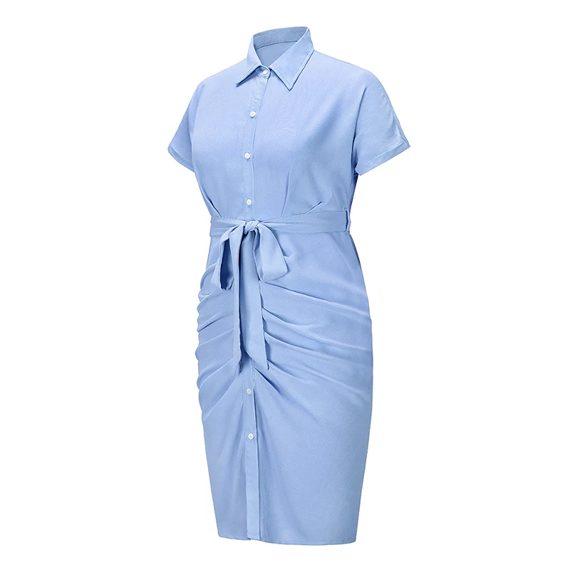 Женское платье с коротким рукавом, однотонное плиссированное платье на пуговицах с отворотом и поясом на талии, повседневная простая одежда