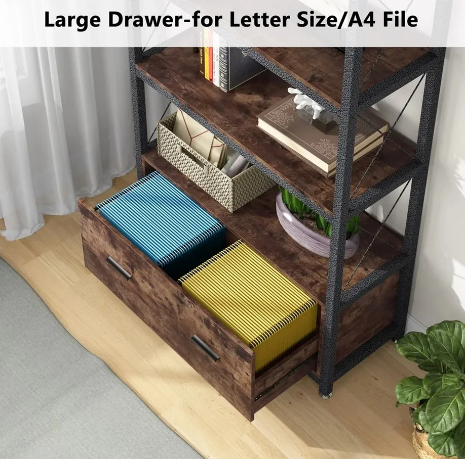Боковой картотечный шкаф с выдвижным ящиком и книжными полками, подставка для принтера, картотечный шкаф, книжный шкаф - Коричневый в деревенском стиле