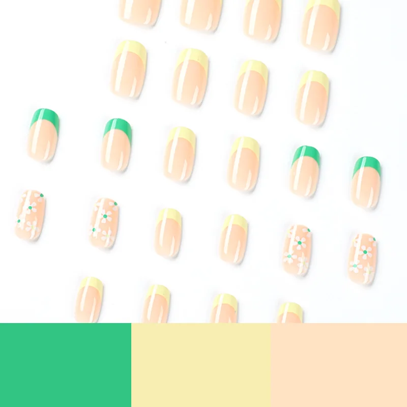 Желто-зеленый Французский носимый нейл-арт Белый Маленький цветок Короткие накладные ногти квадратной формы Приклейте ногти клеем