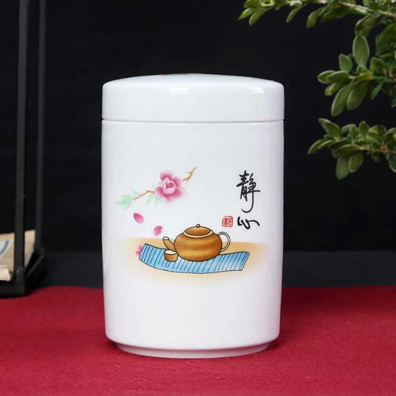 Белый фарфоровый Чан с рисунком лотоса Цилиндрической формы, запечатанная банка для хранения чая, коробка для хранения чая, керамические поделки, контейнер для чайной посуды