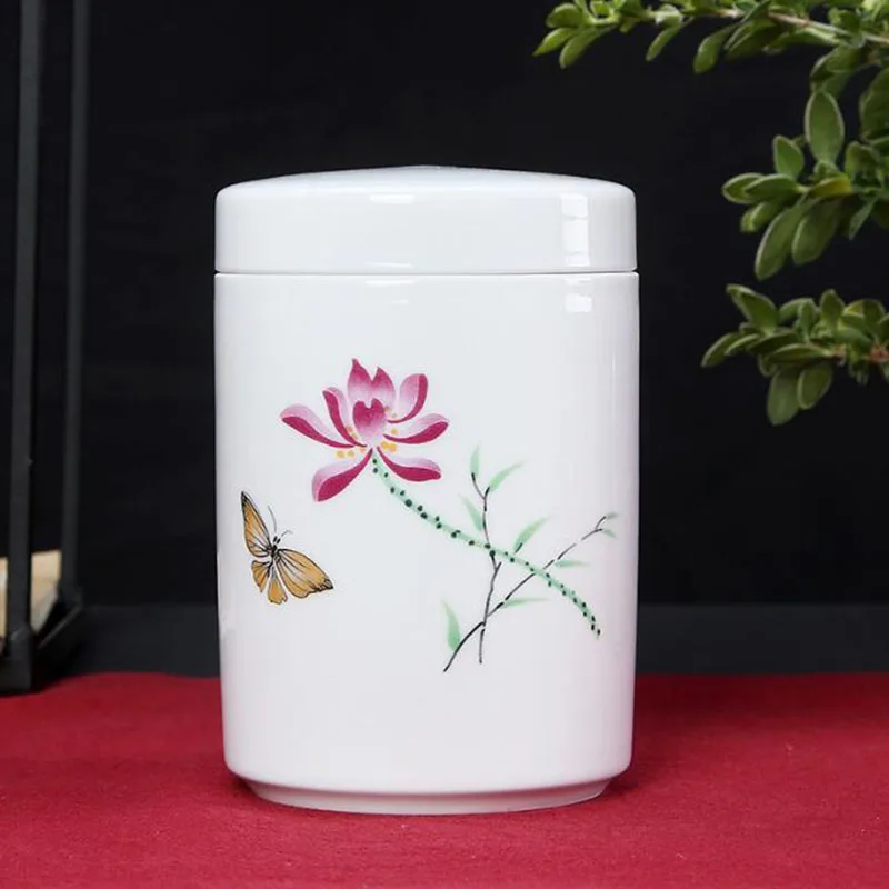 Белый фарфоровый Чан с рисунком лотоса Цилиндрической формы, запечатанная банка для хранения чая, коробка для хранения чая, керамические поделки, контейнер для чайной посуды