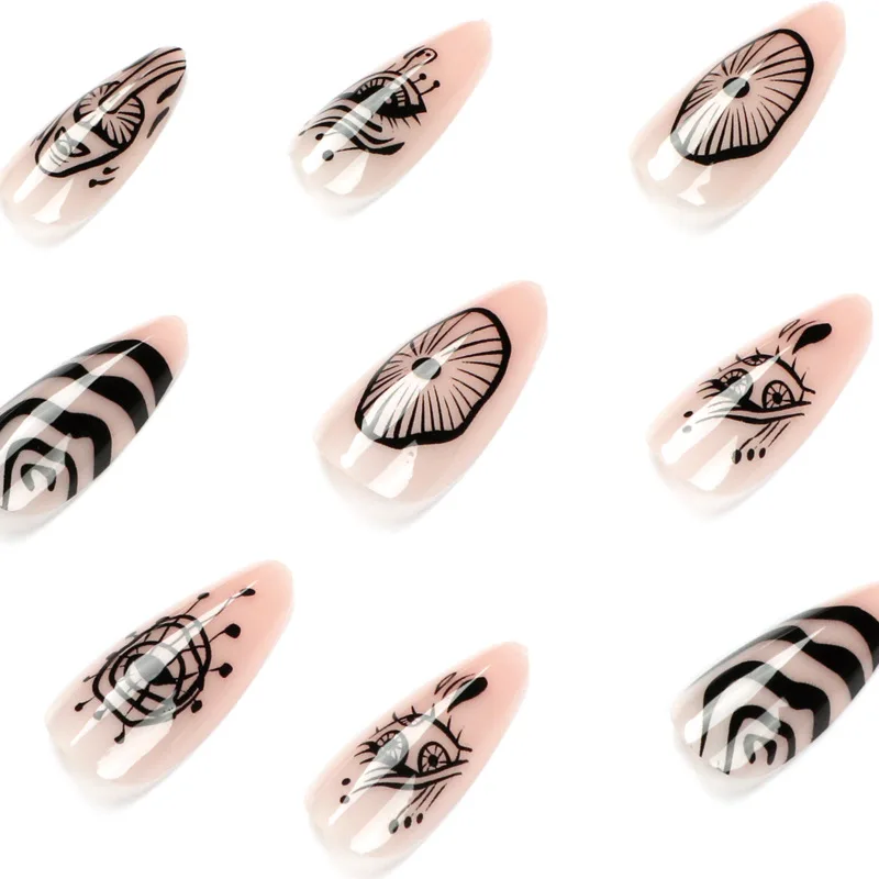 3D набор накладных ногтей press on faux ongles nude capsule короткие кончики французского миндаля с ручной росписью волнистых линий дизайн накладных ногтей