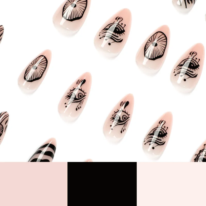3D набор накладных ногтей press on faux ongles nude capsule короткие кончики французского миндаля с ручной росписью волнистых линий дизайн накладных ногтей