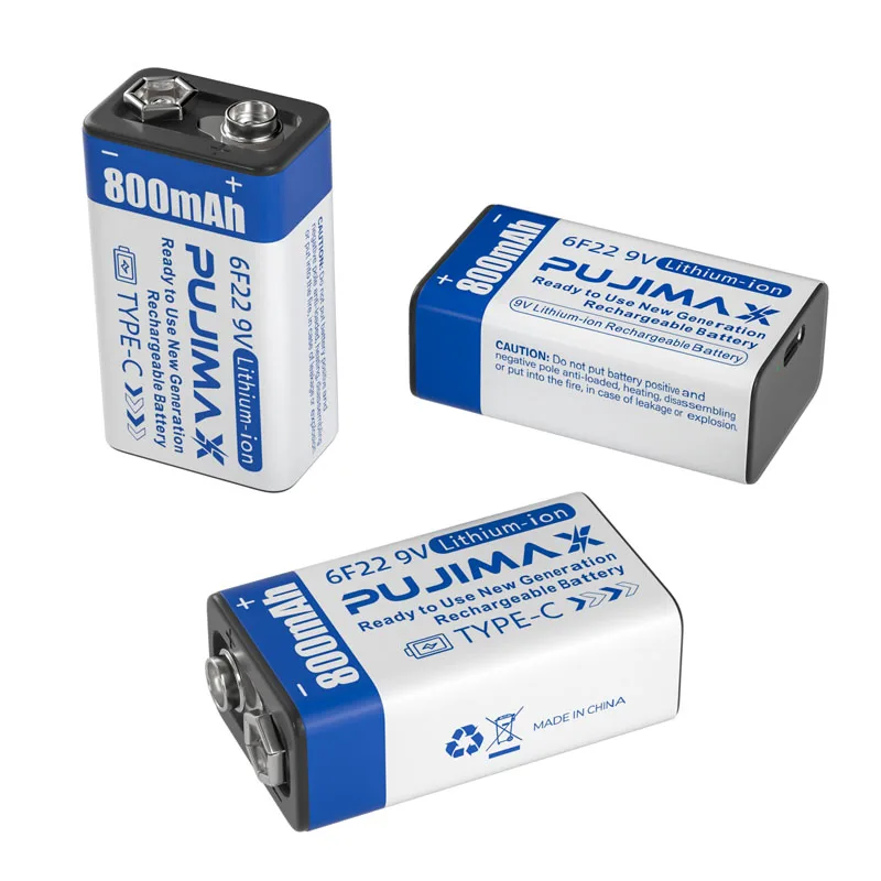 PUJIMAX Перезаряжаемые Литиевые Батареи 9V 800mAh Type C USB Li-ion Battery 6F22 Постоянного Напряжения Для Мультиметровой Гитары