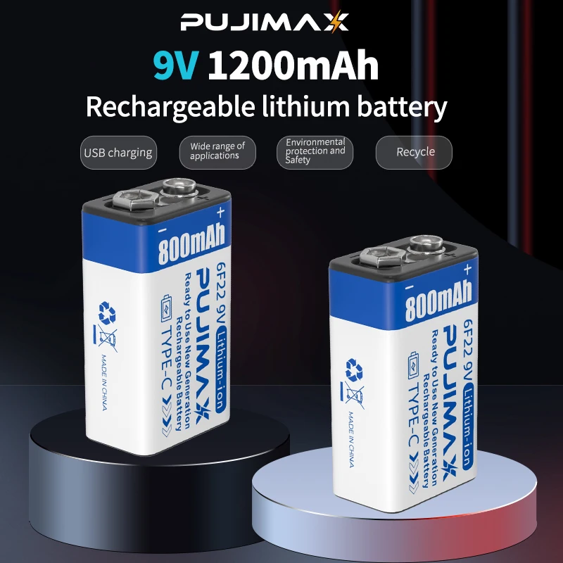 PUJIMAX Перезаряжаемые Литиевые Батареи 9V 800mAh Type C USB Li-ion Battery 6F22 Постоянного Напряжения Для Мультиметровой Гитары