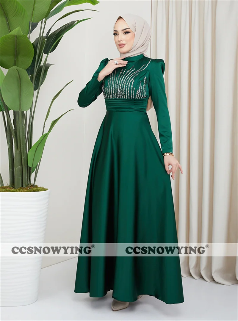 Зеленые атласные вечерние платья с мусульманским хиджабом, расшитые бисером, Арабский Дубай, вечернее платье с длинным рукавом и высоким воротом, Марокканский кафтан трапециевидной формы