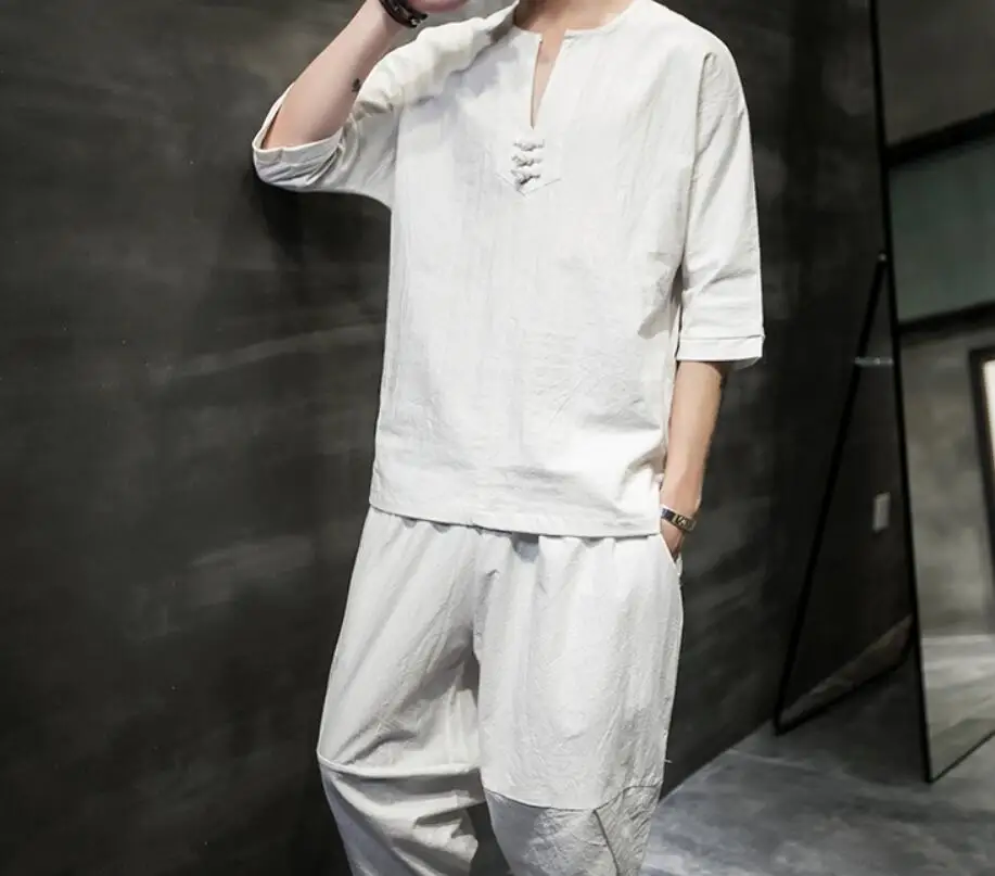 Костюм из хлопка и льна в китайском стиле, мужской летний костюм-двойка, корейская версия, льняная футболка с рукавом три четверти, красивая одежда