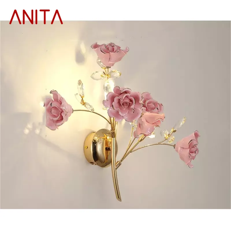 ANITA Настенный светильник в европейском стиле, розовый хрусталь, роскошные светильники, современные светодиодные бра для украшения дома
