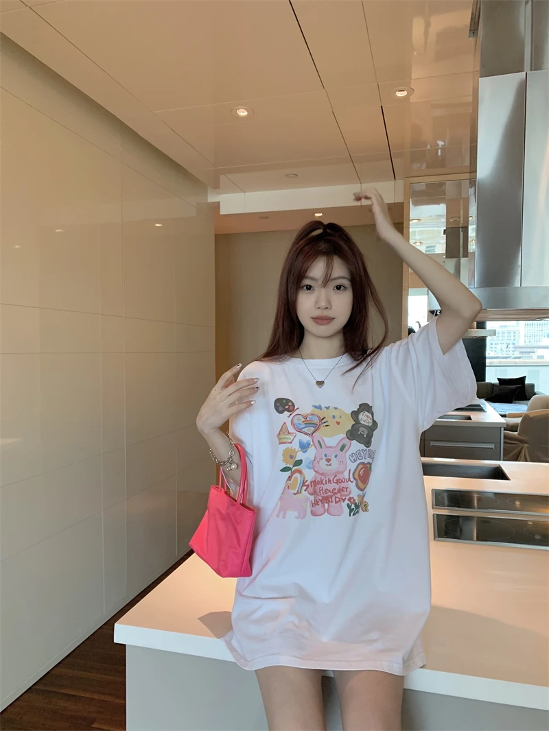 Розовые летние футболки с мультяшным кроликом, женские повседневные рубашки с круглым вырезом и коротким рукавом, большие свободные футболки в корейском стиле Harajuku