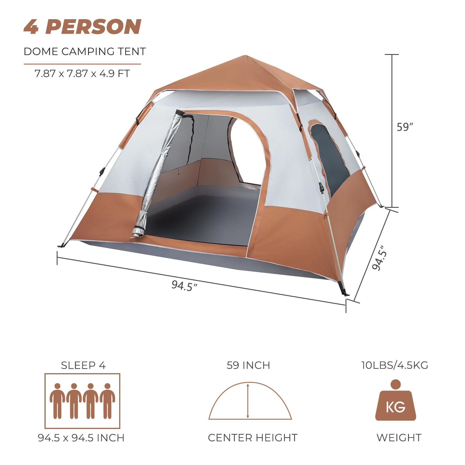 240*240*150 см Пружинная Быстрораскрывающаяся Четырехместная Семейная Палатка Кемпинговая Палатка Коричневого цвета